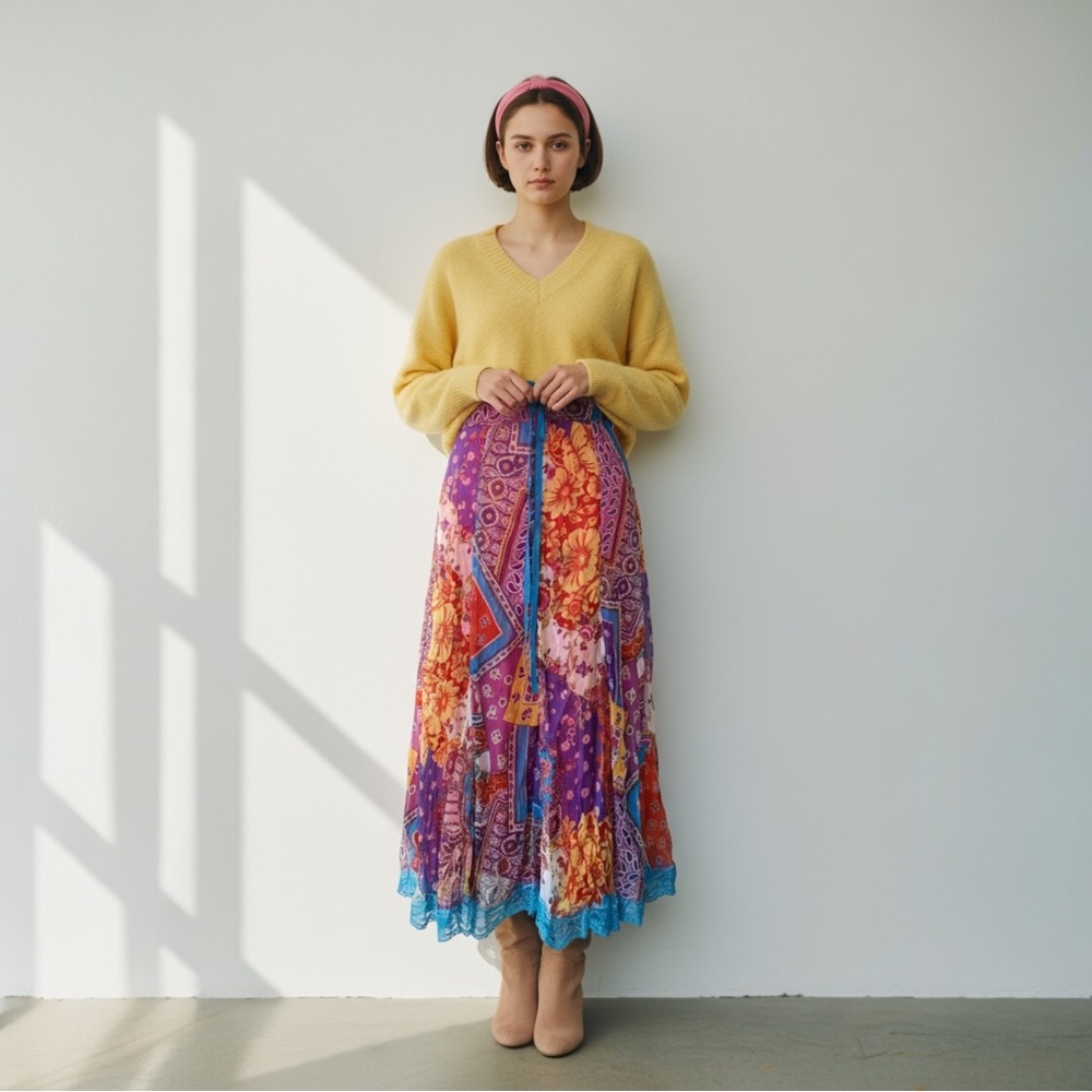 GEFF GALLANO SILK LACE FLORAL SPRING MAXI SKIRT